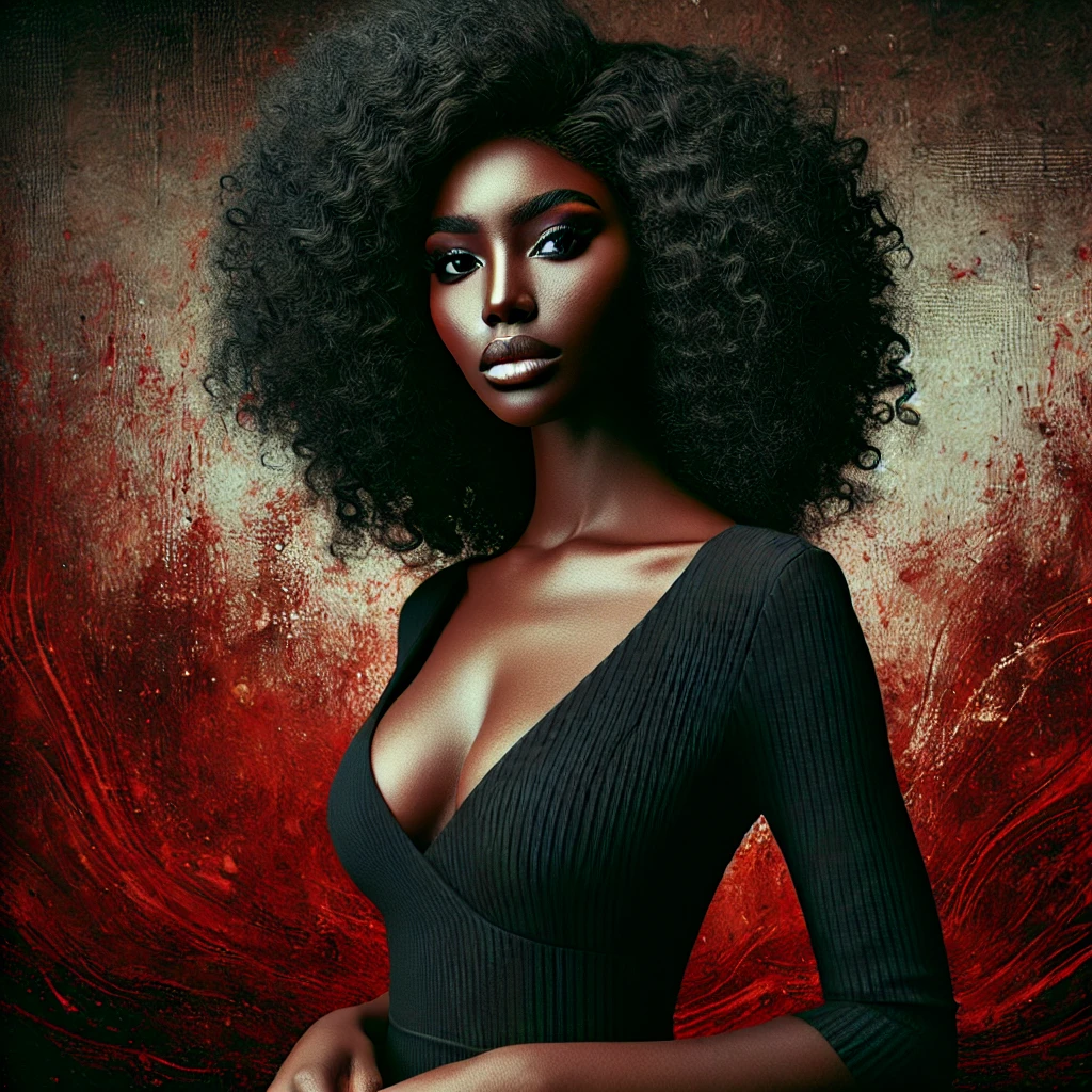 DALL·E 2024-10-10 09.59.24 - A grown African American woman named Chastity with deep chocolate brown skin, wooly black hair styled in natural curls, strong, confident, and slightl